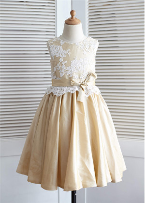 Ivory Lace Champagne Taffeta Knee Length Flower Girl Dress